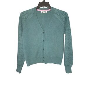 Boden Womens Teal Pointelle Sleeve V-Neck Button Front Cardigan Sweater Size S